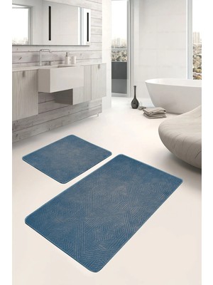 Rem Home Remhome 2'li Set Mavi Zeminde Dokuma Halı Motifli Eskitme Desenli Geometrik Vintage 2'li Banyo Paspas Takımı Takım Banyo Paspası