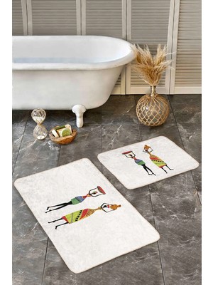 Rem Home Remhome Beyaz Zeminde Geleneksel Motifli Afrika Kadın Desenli Etnik Motifler Klasik 2'li Banyo Paspas Takımı Takım Banyo Paspası
