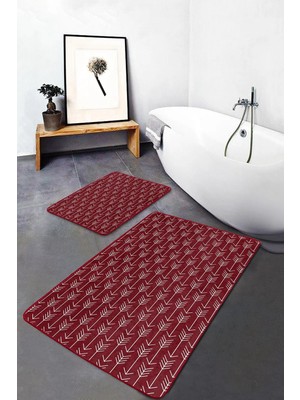 Rem Home Remhome 2'li Set Bordo Zeminde Iskandinav Motifli Ok Desenli Geometrik Sade & Şık 2'li Banyo Paspas Takımı Takım Banyo Paspası
