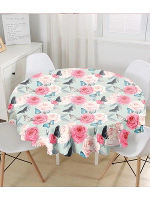 Rem Home Remhome Lekeli Kelebekler Çizimli Yuvarlak Masa Örtüsü - Çap 140CM 140 x 140 cm