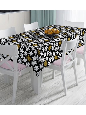 Rem Home Remhome Siyah Zemin Üzerinde Gold Detaylı Beyaz Çiçek Desenli Dijital Baskılı Masa Örtüsü 90 x 90 cm