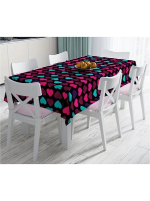 Rem Home Remhome Siyah Zeminde Kalpler Özel Tasarımlı Dekoratif Leke Tutmaz Masa ÖRTÜSÜ-120X140 cm