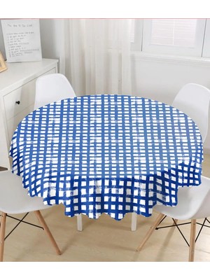 Rem Home Remhome Lacivert Yeşil Geometrik Kare Motifli Yuvarlak Masa Örtüsü - Çap 140CM 140 x 140 cm