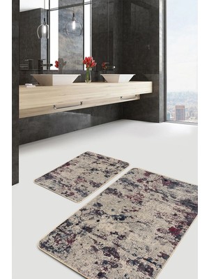 Rem Home Remhome Krem Bordo Zeminde Eskitme Motifli Kilim Eskitme Motifli Sade & Şık 2'li Banyo Mutfak Paspas Takımı Takım Banyo Paspası