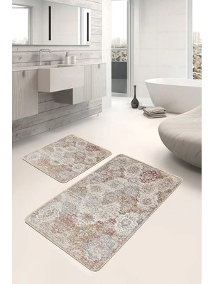 Rem Home Remhome Krem - Ekru Zeminde Hereke Motifli Yöresel Etnik Motifler Vintage 2'li Banyo & Mutfak Paspas Takımı Takım Banyo Paspası