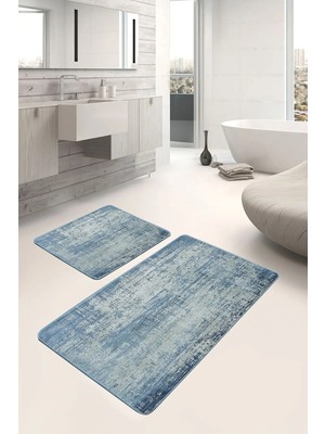 Rem Home Remhome 2'li Set Mavi Zeminde Sulu Boya Motifli Duvar Eskitme Motifli Vintage 2'li Banyo Paspas Takımı Takım Banyo Paspası