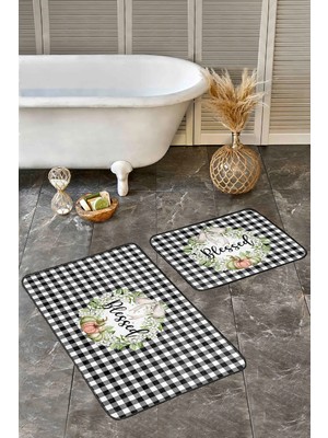 Rem Home Remhome Siyah Beyaz Ekose Motifli Kabak Temalı 2'li Banyo Halısı & Klozet Takımı Takım Banyo Paspası