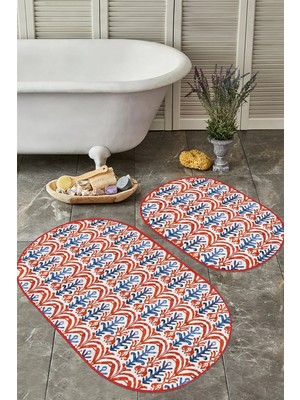Rem Home Remhome Kırmızı Suluboya Tasarımlı 2'li Oval Kaymaz Tabanlı Banyo Paspas Takımı & Mutfak Paspas Seti Takım Banyo Paspası