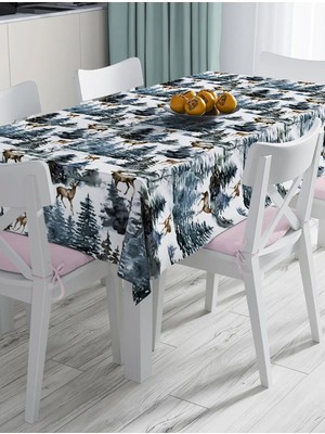 Rem Home Remhome Suluboya Çam Ağacı Geyik Tasarımlı Dijital Baskılı Modern Masa Örtüsü 90 x 90 cm