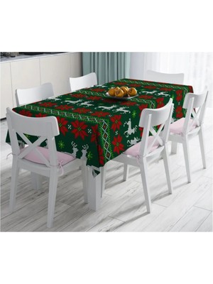 Rem Home Remhome Yeşil Zeminde Yılbaşı Geyikleri Desenli Dekoratif Leke Tutmaz Masa ÖRTÜSÜ-120X140 cm