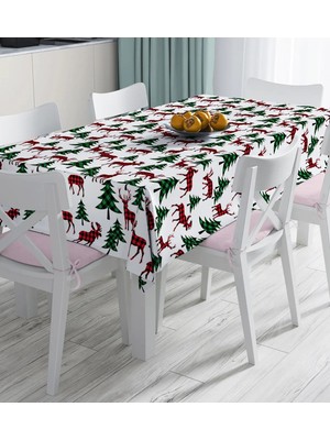Rem Home Remhome Beyaz Zemin Üzerinde Çam Ağaçli Ekoseli Geyik Motifli Dijital Baskılı Masa Örtüsü 90 x 90 cm