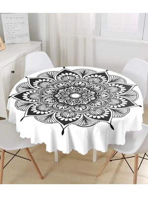 Rem Home Remhome Beyaz Zeminde Çiçek Mandala Desenli Yuvarlak Masa Örtüsü - Çap 140CM 140 x 140 cm
