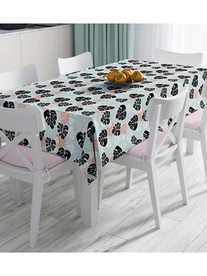 Rem Home Remhome Renkli Zemin Üzerinde Siyah Yaprak Desneli Dijital Baskılı Masa Örtüsü 90 x 90 cm
