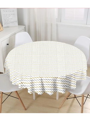 Rem Home Remhome Beyaz Zeminde Gold ve Siyah Çizgili Dijital Baskılı Modern Yuvarlak Masa Örtüsü - Çap 140CM 140 x 140 cm