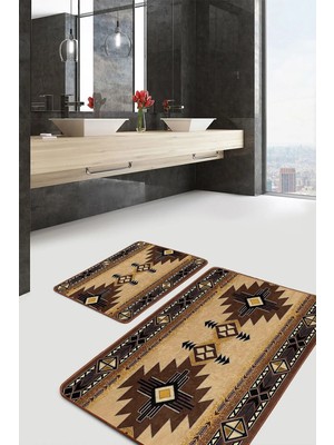 Rem Home Remhome Kahverengi Zeminde Geometrik Motifli Kilim Vintage Etnik Motifler 2'li Banyo & Mutfak Paspas Takımı Takım Banyo Paspası