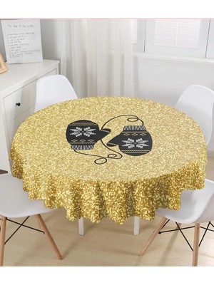 Rem Home Remhome Gold Zemin Üzerinde Modern Desen Işlemeli Eldiven Modern Yuvarlak Masa Örtüsü - Çap 140CM 140 x 140 cm