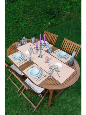 Rem Home Remhome Pembe Zemin Oneline Gül Çizimli Modern 1 Adet Runner & 4 Adet Renkli Amerikan Servis