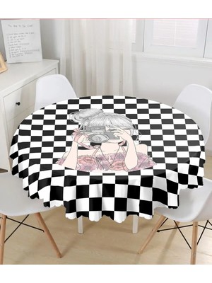 Rem Home Remhome Dama Zeminli & Fotoğraf Çeken Kız Tasarımlı Dijital Baskılı Yuvarlak Masa Örtüsü - Çap 140CM 140 x 140 cm