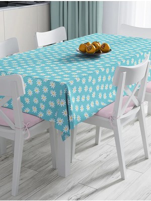 Rem Home Remhome Mavi Zemin Papatya Çizimli Dijital Baskılı Modern Masa Örtüsü 90 x 90 cm