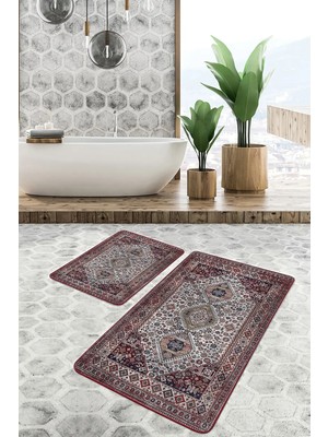 Rem Home Remhome Geleneksel Zeminde Otantik Motifli Yöresel Vintage Eskitme Motifli 2'li Banyo & Mutfak Paspas Takımı Takım Banyo Paspası