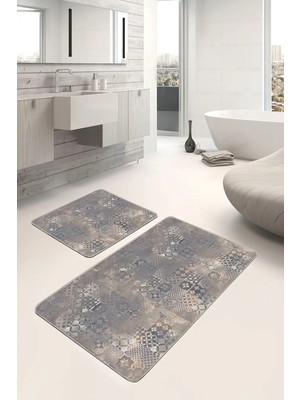 Rem Home Remhome 2'li Set Gri - Bej Zeminde Eskitme Motifli Antik Eskitme Motifli Klasik 2'li Banyo Paspas Takımı Takım Banyo Paspası