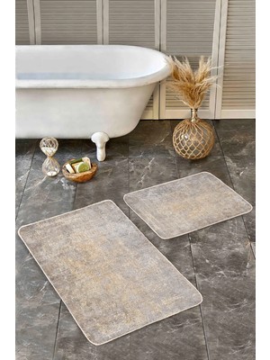 Rem Home Remhome 2'li Set Renkli Zeminde Halı Motifli Modern Desenli Eskitme Motifli Vintage 2'li Banyo Paspas Takımı Takım Banyo Paspası