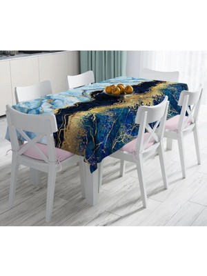 Rem Home Remhome Altın Varaklı Mavi Zeminli Modern Leke Tutmaz Masa Örtüsü 90 x 90 cm