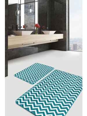 Rem Home Remhome 2'li Set Turkuaz Zeminde Zikzak Motifli Geometrik Desenli Geometrik Klasik 2'li Banyo Paspas Takımı Takım Banyo Paspası