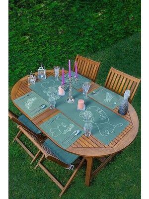 Rem Home Remhome 4+1 Yeşil Zemin Suret & Tüy Motifli Amerikan Servis & Runner Seti