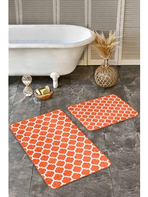 Rem Home Remhome 2'li Set Turuncu Zeminde Ogea Motifli Morrocan Desenli Geometrik Sade & Şık 2'li Banyo Paspas Takımı Takım Banyo Paspası