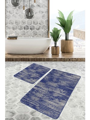 Rem Home Remhome Lacivert Gri Zeminde Antika Motifli El Dokuma Vintage Etnik Motifler 2'li Banyo Mutfak Paspas Takımı Takım Banyo Paspası