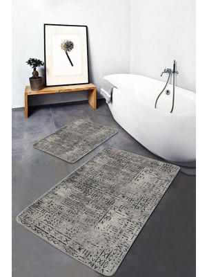 Rem Home Remhome Siyah- Füme Zeminde Bohem Motifli Antika Eskitme Motifli Etnik Motifler 2'li Banyo Paspas Takımı Takım Banyo Paspası