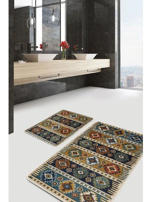 Rem Home Remhome Renkli Zeminde Kilim Motifli Baklava Desenli Avangarde Vintage 2'li Banyo & Mutfak Paspas Takımı Takım Banyo Paspası