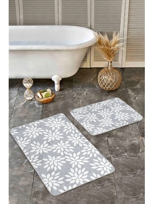 Rem Home Remhome 2'li Set Gri Beyaz Zeminde Yaprak Motifli Klasik Desenli Floral Sade & Şık 2'li Banyo Paspas Takımı Takım Banyo Paspası