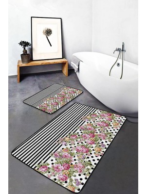 Rem Home Remhome 2'li Set Siyah - Pembe Zeminde Geometrik Motifli Çiçek Geometrik Floral 2'li Banyo Paspas Takımı Takım Banyo Paspası