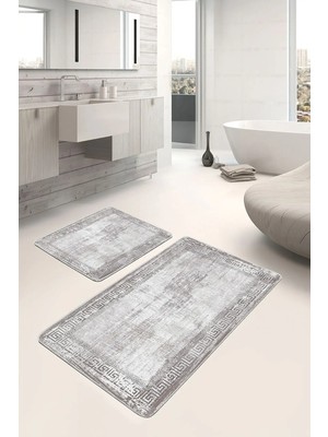 Rem Home Remhome Krem - Gri Zeminde Çerçeveli Motifli Antik Geometrik Eskitme Motifli 2'li Banyo Mutfak Paspas Takımı Takım Banyo Paspası
