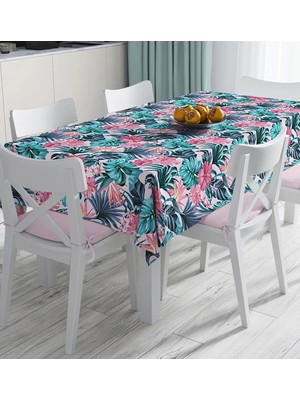 Rem Home Remhome Pembe Zeminde Canlı Tropik Yaprakları Dijital Baskılı Masa Örtüsü 90 x 90 cm