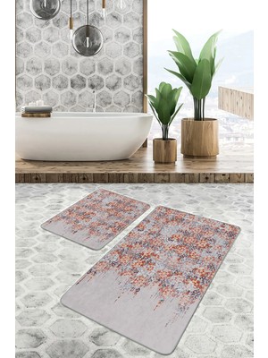 Rem Home Remhome Kahverengi - Kırmızı Zeminde Antik Motifli Eskitme Eskitme Motifli Vintage 2'li Banyo Paspas Takımı Takım Banyo Paspası