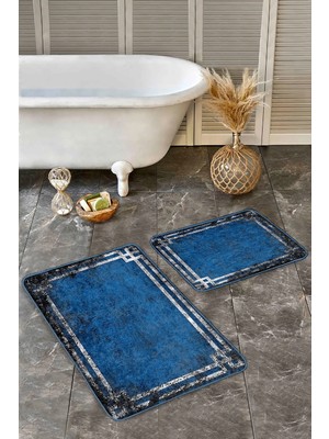 Rem Home Remhome Lacivert Zeminde Çerçeveli Motifli Eskitme Sade Şık Eskitme Motifli 2'li Banyo Mutfak Paspas Takımı Takım Banyo Paspası