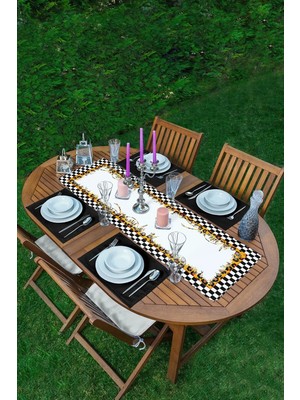 Rem Home Remhome Dama Border Tasarımlı Zebra Desenli 1 Adet Runner & 4 Adet Renkli Amerikan Servis