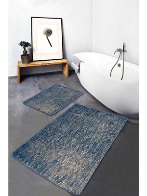 Rem Home Remhome 2'li Set Mavi Zeminde Örme Motifli Eskitme Desenli Eskitme Motifli Klasik 2'li Banyo Paspas Takımı Takım Banyo Paspası