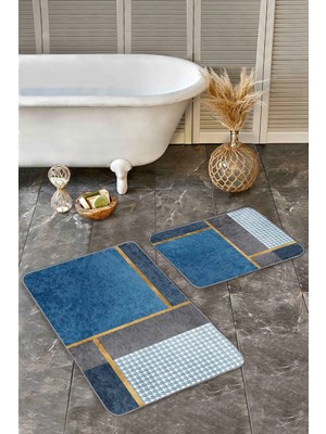 Rem Home Remhome 2'li Set Mavi Zeminde Geometrik Motifli Kazayağı Geometrik Sade & Şık 2'li Banyo Paspas Takımı Takım Banyo Paspası