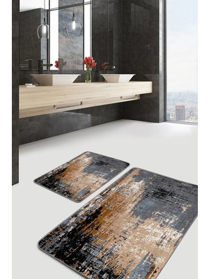 Rem Home Remhome Siyah - Kahverengi Zeminde Eskitme Motifli Duvar Eskitme Motifli Vintage 2'li Banyo Paspas Takımı Takım Banyo Paspası