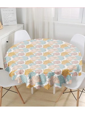 Rem Home Remhome Mavi ve Kahverengi Puantiye Zeminde Karakalem Çizim Çiçek Motifli Yuvarlak Masa Örtüsü Çap 140 cm 140 x 140 cm