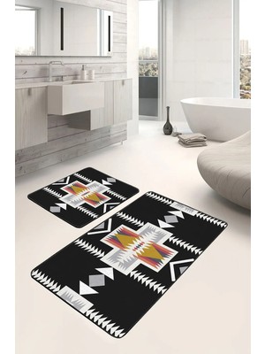 Rem Home Remhome 2'li Set Siyah Zeminde Etnik Motifli Geleneksel Geometrik Etnik Motifler 2'li Banyo Paspas Takımı Takım Banyo Paspası