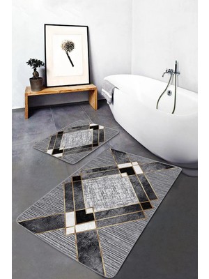 Rem Home Remhome 2'li Gri Zeminde Geometrik Motifli Klasik Desenli Geometrik Klasik 2'li Banyo & Mutfak Paspas Takımı Takım Banyo Paspası