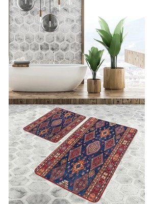 Rem Home Remhome Kırmızı Zeminde Uşak Motifli Geleneksel Etnik Motifler Avangarde 2'li Banyo & Mutfak Paspas Takımı Takım Banyo Paspası