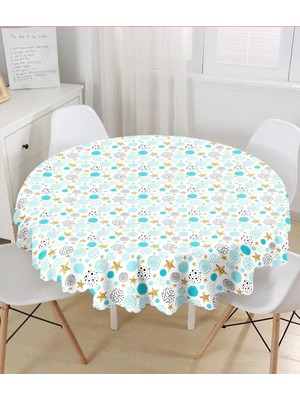 Rem Home Remhome Beyaz Zeminde Mavi Puan Gold Yıldızlı Dijital Baskılı Modern Yuvarlak Masa Örtüsü - Çap 140CM 140 x 140 cm