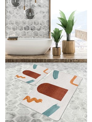 Rem Home Remhome Kiremit - Turkuaz Zeminde Modern Sanat Motifli Tablo Bohem Klasik 2'li Banyo & Mutfak Paspas Takımı Takım Banyo Paspası
