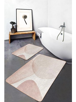 Rem Home Remhome Krem - Kahverengi Zeminde Bohem Motifli Modern Sanat Bohem Sade Şık 2'li Banyo Mutfak Paspas Takımı Takım Banyo Paspası